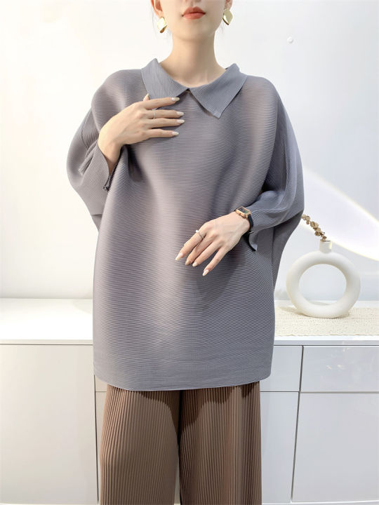 โปโลผู้หญิงเสื้อยืดคอปกเสื้อผ้าจีบหลวมขนาดใหญ่ลดความอ้วน-s23006