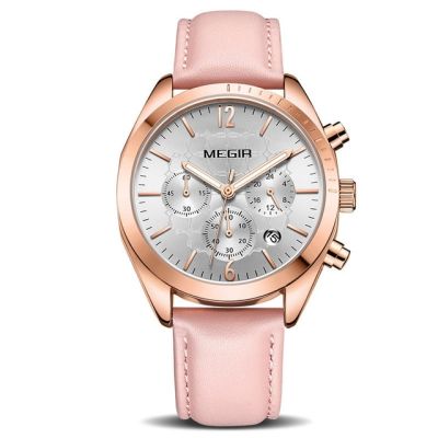 นาฬิกาผู้หญิงควอตซ์แฟชั่นผู้หญิงหนังสีชมพูสำหรับผู้หญิงนาฬิกา MEGIR ได้
