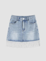 Cider  High Waist Solid Tassel Denim Mini Skirt