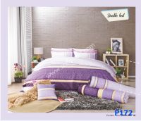 ผ้าปูที่นอน พรีเมียร์ ซาติน Premier Satin รหัสสินค้า P172 ลายทางสีครีม สีม่วง  ขนาด 3.5ฟุต 5ฟุต และ 6 ฟุต สำหรับที่นอนสูง 11 นิ้ว กันไรฝุ่น