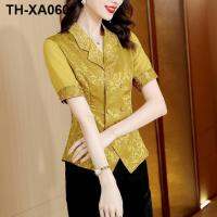 2023 summer high-end satin design sense short-sleeved womens fashion slimming belly top foreign style age-reducing