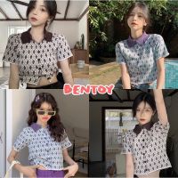 Bentoy(11096)เสื้อครอปแขนสั้นไหมพรม ดีเทลคอปก กระดุมหน้าเปิดได้จริง น่ารักมาก