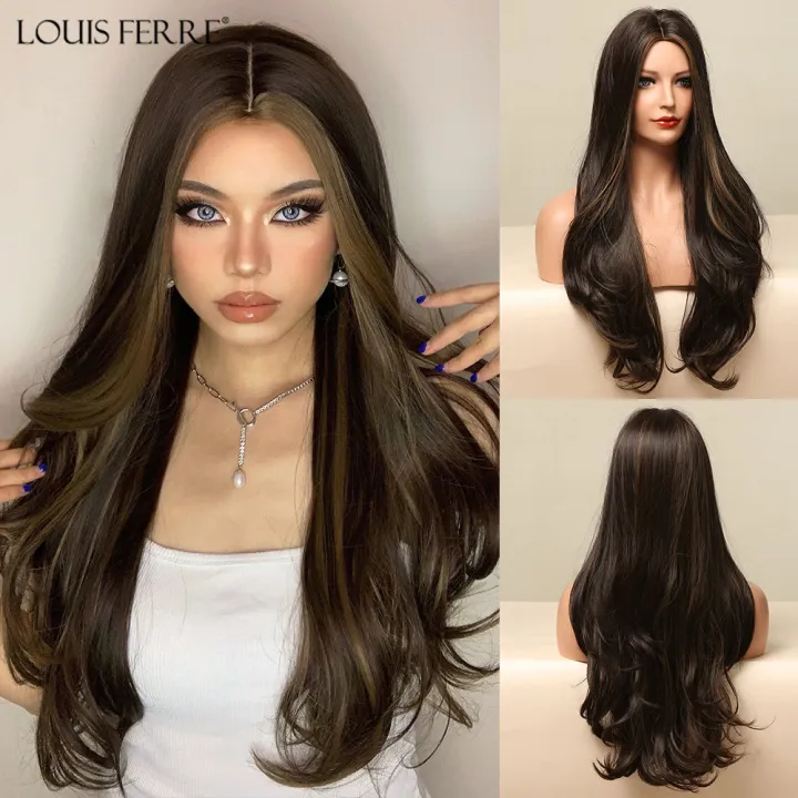 LOUIS FERRE Brown Blonde Highlight Wig for Black Women Middle Part Long  Wave Synthetic Wigs PartyDaily Use Hair Heat Resistant | Lazada PH