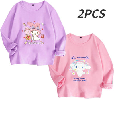 เสื้อยืดแขนยาวเด็กผู้หญิง Kulomi Sanrio Kawaii อนิเมะการ์ตูนเด็กเสื้อลำลองหลวมสั้น