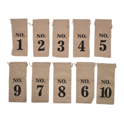 10Pcs Jute Wine Bags, 14 x 6 1/4 Inches Hessian Numbered Wine Bottle Gift Bags with Drawstring for Blind Wine Tasting (Brown)