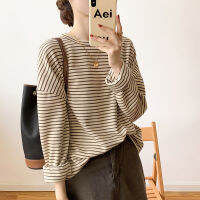 stripe long sleeve T-shirt for women autumn winter round collar loose inner wear casual soft female tops 6393#