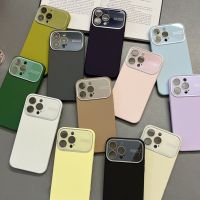 ไม่มีโลโก้สีทึบเคสซิลิโคนเหลวสำหรับ IPhone 14 13 12 Pro Max เลนส์หน้าต่างขนาดใหญ่ฝาครอบกระจกเคสป้องกัน