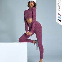 [COD] Cross-border spot yoga sports running long-sleeved two-piece seamless knitted moisture-wicking tight trousers suit