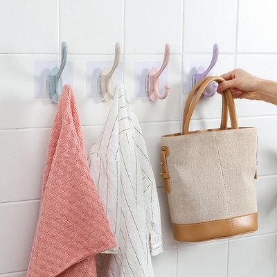 Plastic Strong Waterproof Hook Clothes Towel Handbag Racks Hanging Adhesive Hooks Stick On Wall Door Holder Wall Hanger Bathroom Kitchen Tool