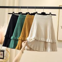 Knitted Mini Skirts Kawaii Women Autumn Winter Korean Fashion 90s Elastic Waist Falda Sexy Harajuku Ruffle Pleated Cake Skirt