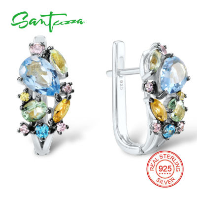 SANTUZZA Silver Earrings For Women Genuine 925 Sterling Silver Stud Earrings Colorful Gem Stones brincos Elegant Fashion Jewelry