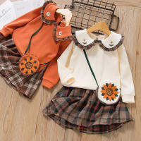 Baby Girls Clothes Sunflower Print Two-piece Sunflower Set Baby Lapel Print Top + Classic Plaid Skirt Set Send Shoulder Bag