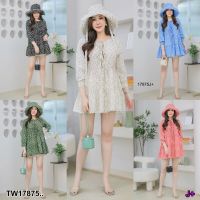 [ส่งไว!] M17875   Set Mini Dress #สาวอวบ มินิเดรส แขนยาว แต่งโบว์ผูกช่วงอก รูดระบาย ทรงน่ารัก ใส่คู่กับหมวก แต่งระบาย เนื้อผ้าพริ้ว