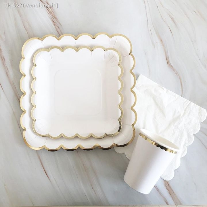 creative-8-guests-white-disposable-tableware-golden-edge-square-plates-cups-wedding-favor-happy-birthday-party-decor-kids-adults