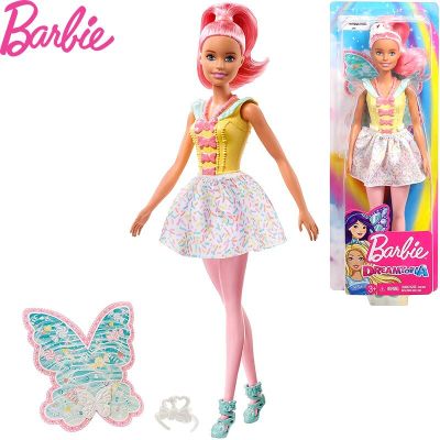 ของเล่นตุ๊กตานางฟ้าดรีมโทเปียของ Barbie ขนาดประมาณ12นิ้วพร้อมผมสีชมพูธีมลูกอมหลากสีและปีกของขวัญสำหรับเด็ก