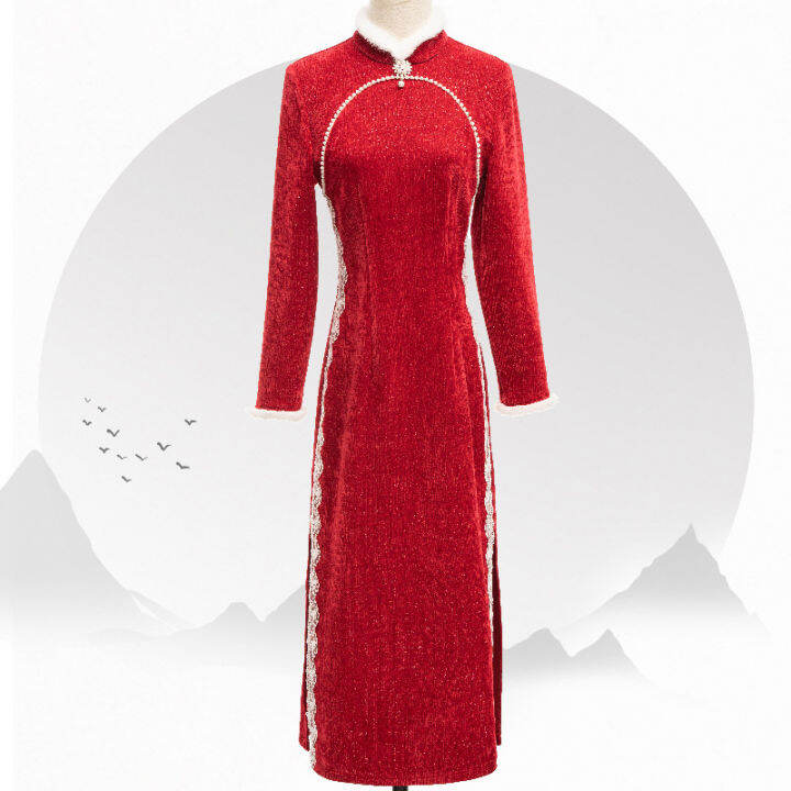 cw-autumn-and-winter-red-cheongsam-chinese-style-2023-new-years-greetings-r-thickened-chenille-improved-qipao-dress-for-women