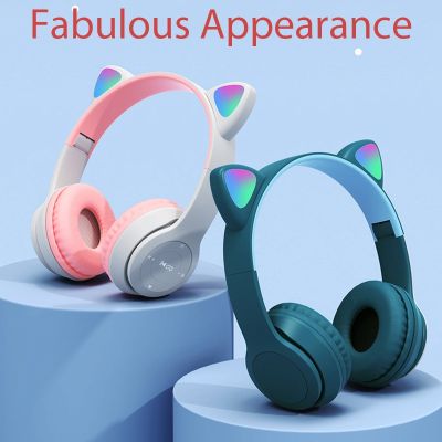 ZZOOI Wireless Bluetooth Earset Cute Cat Ears Headphone with Mic Hifi Stereo Music Gamer Earbuds Flash Light Headset for Kid Girl Gift