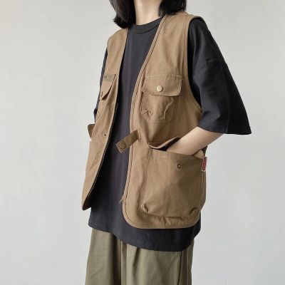 ‘；’ MEXZT Streetwear Cargo Vests Women Button Pocket Sleeveless Loose Jacket Bf Hip Hop Vintage V Neck Chic Casual Tops Thin Coat