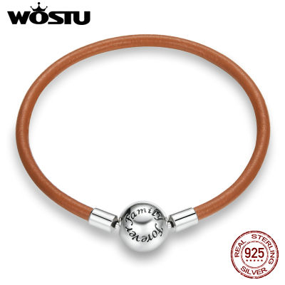 WOSTU 925 Sterling Silver Vintage Forever Family Bracelet Brown Leather Bracelet For Women Fashion Jewelry CQB215