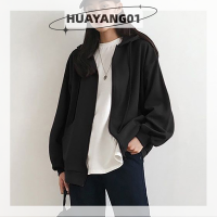 HUAYANG01เสื้อฮู้ดมีซิปสำหรับผู้หญิง,เสื้อสเวตเตอร์ทรงหลวมลำลองแขนยาวสีทึบแฟชั่นฤดูใบไม้ร่วง