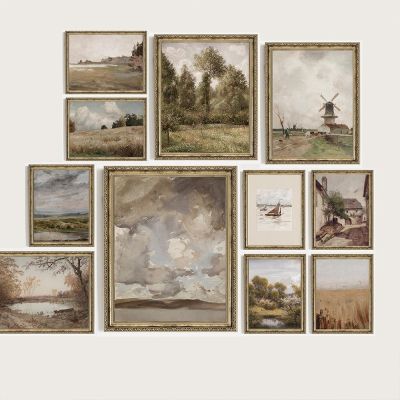 ☏❡ Vintage Landscape Wall Art โปสเตอร์และพิมพ์ Neutral เรือใบสีน้ำ Lake House ภาพวาดผ้าใบสำหรับห้องนั่งเล่นภาพผนัง