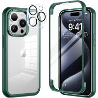 เคสโทรศัพท์สองกระจกด้านข้างสำหรับเคส IPhne 15 Pro Max พร้อมตัวป้องกันเลนส์กล้องถ่ายรูปหน้าจอป้องกันหน้ากระจกนิรภัยใสและเคสป้องกันกันกระแทกทุกส่วนของเครื่องหลังสำหรับ iPhone 15 Pro Max/ 15 Plus/14 Pro Max/ 13 Pro Max/ 13/12 Pro Max/ 11 Pro