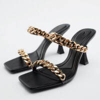 2023 New High Heel Slim Heel Straight Line Metal Chain Unisex Square Head Womens Fashion Sandals