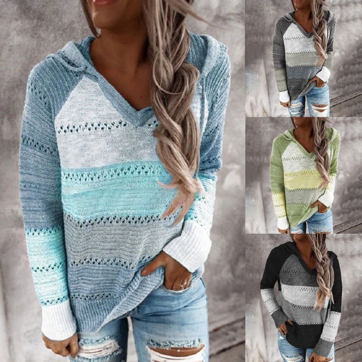 autumn-women-patchwork-hooded-sweater-long-sleeve-v-neck-knitted-sweater-casual-striped-pullover-jumpers-2021-new-female-hoodies