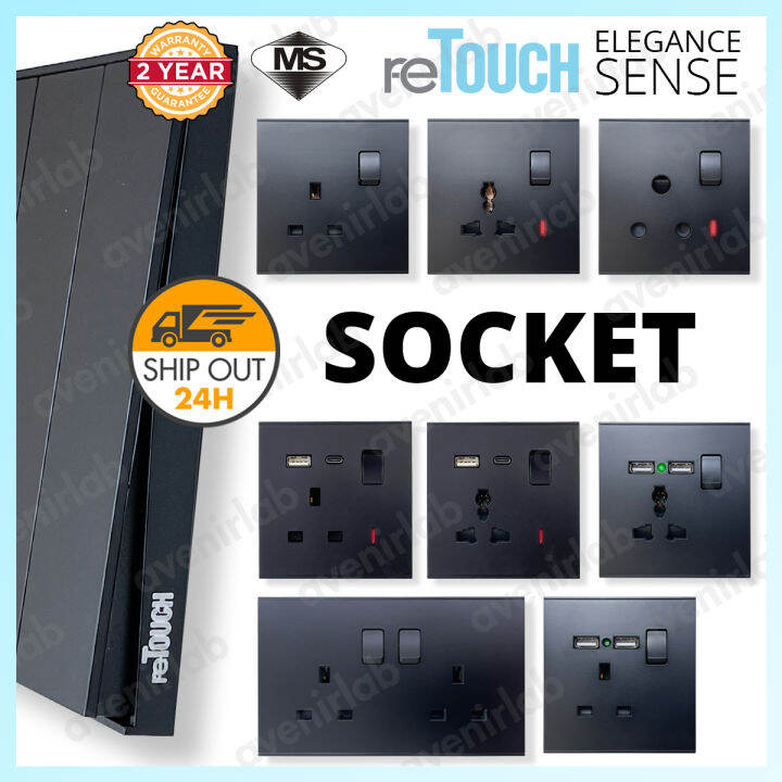 [MATTE BLACK] reTouch Switch Elegance Sense 13A 15A Double 2 Gang Switch Socket Plug Frameless
