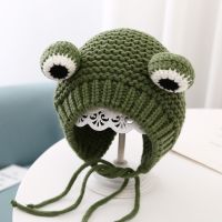 【YD】 Frog Knitted Wool Cap Color Cartoon Baby Ear Protection Fun Headwear Warm Cover ChildrenS Hat Earmuff