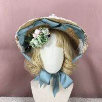 Lolita Handmade Straw Sun Hat Artificial Floral Vintage Elegant Tea Party Wide Brim Travel Beach Ribbon Bow Flat Cap