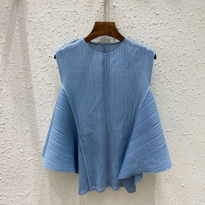 Womens Loose Large Size Irregular New Pleated Top Pleated Sleeveless T-shirt