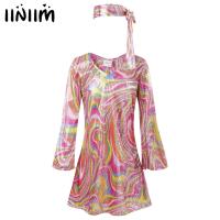 Kids Girls 70s Disco Cosplay Costume Vintage Print Long Bell Sleeves Hippie Dance Dress with Headband Halloween Party Dress Up