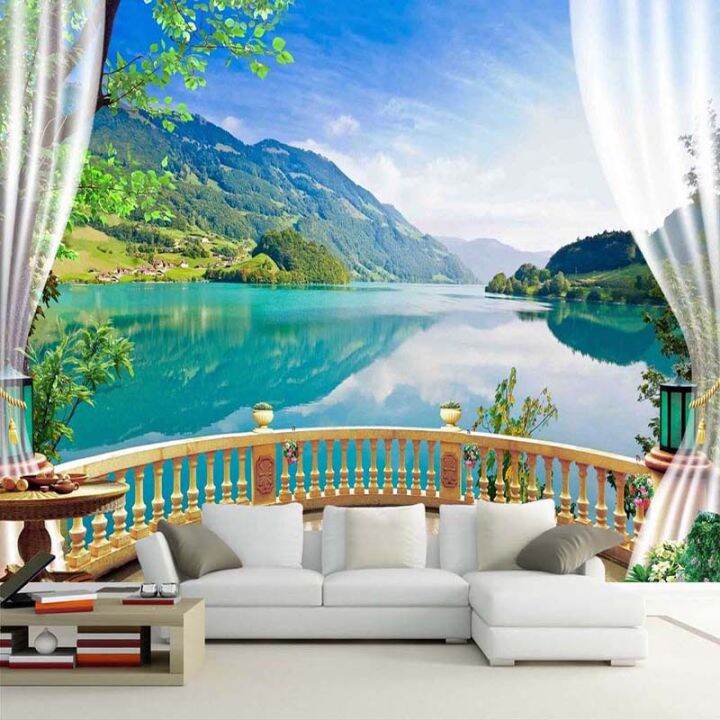 hot-custom-3d-photo-wallpaper-balcony-window-blue-sky-white-clouds-lake-forest-scenery-living-room-sofa-tv-backdrop-mural-wall-paper