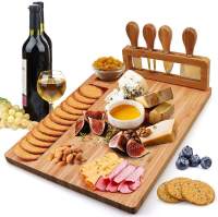 【จัดส่งภายใน 24 ชม】Unique Bamboo Cheese Board and Knife Set Serving Tray for Crackers, Meat, and Wine- Wood Charcuterie Platter with Slide-Out Cutlery Drawer, Perfect Wedding and Housewarming Gift.