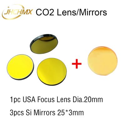 JHCHMX 1pcs USA Co2 Focus Lens Dia20mm FL50.8/63.5/101.6mm+3pcs Si Mirrors 25*3mm For Co2 Laser Cutting Engraving Machines
