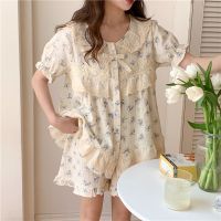 Cute Lace Princess Summer Pajama Set Women Home Suit Shorts Sleepwear Floral Print 100 Cotton Sleepwear Short Sleeve Korea S129