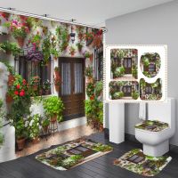 Green Leaf Shower Curtain Flower Door Scenery With Non Slip Rug Mat Bathroom Curtain Waterproof Polyester Home Decor 180x180cm