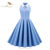 SISHION แขนกุด Hollowed Out Light Blue Dress VD3121 Turn Down Collar A Line Vintage R Dresses With Pocket