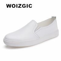 WOIZGIC Womens Ladies Female Woman Cow Genuine Leather White Vulcanized Shoes Flats Loafers Korean Slip On Leisure LLX-6688