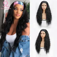 Headband Wig for Black Women Water Wavy Wig Synthetic Body Wavy Wig Scarf Wig Glueless Full Wig Color Black Wavy Wigs