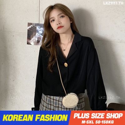 Plus size เสื้อผ้าสาวอวบ❤ เสื้อสาวอวบอ้วน ไซส์ใหญ่ ผู้หญิง เสื้อเชิ้ตทำงาน ใส่ทำงาน เชิ้ตทำงาน ทรงหลวม แขนยาว คอวี สีดำ ฤดูใบไม้ผลิ สไตล์เ V728