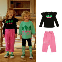 「สินค้าลิขสิทธิ์แท้」Iris kids New Autumn And Winter IKS026-IKP026 Lotus leaf black shirt-pink pant เสื้อดำแขนยาว กางเกงขายาวสีชมพู ชุดเซ็ต