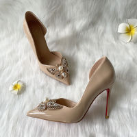 Brand designer nude patent leather pearl crystal butterfly buckle open one side women lady big plus size high heel shoes pump