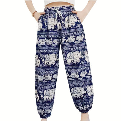 send quickly  กางเกงลายช้าง Elephant pants เอวยางยืด ฟรีไซส์  มีเชือกผูกรูดได้ มีกระเป๋า2ข้างทรงขาจั้มแฟชั่นขายาวรุ่น989-1# เป็นผ้าหนังไก่สวมใส่สบาย