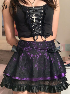 Gothic Lace Print Patchwork Ruffle Mini Skirt Women Bow  Summer New Fashion Streetwear High Waist Purple A Line Skirt Y2k