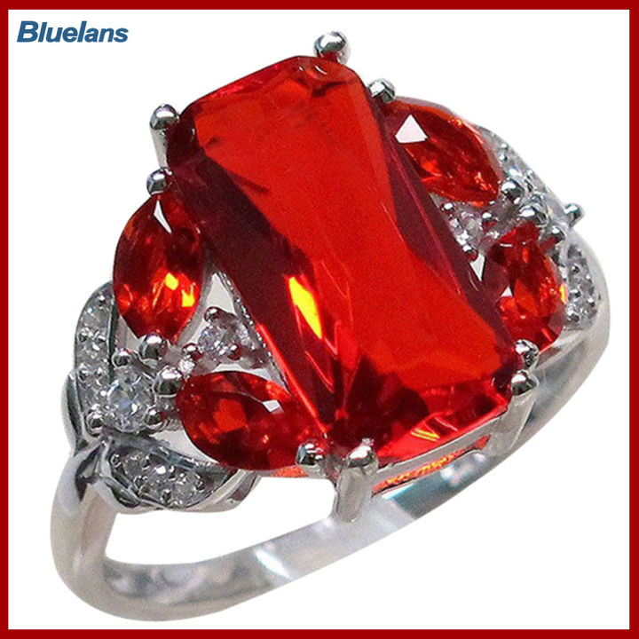 Bluelans®วันครบรอบงานหมั้นแหวนใส่นิ้วแฟชั่นพลอยเทียมทรงสี่เหลี่ยมสีแดงสำหรับผู้หญิง