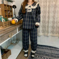 Alien Kitty  Chic Plaid Sleepwear Patchwork Lace Geometric Long Sleeves Home Clothes Loose Casual Chic Women Sweet Pajamas