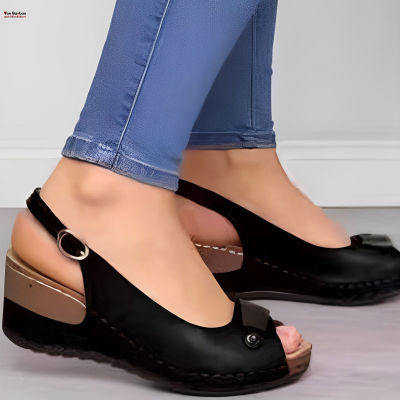 รองเท้าส้นสูงเปิดนิ้วเท้าสำหรับผู้หญิง,รองเท้าแตะส้นหนาสายรัดข้อเท้าพื้นรองเท้าสำหรับผู้หญิงโก้ฤดูร้อน Yan Baobao