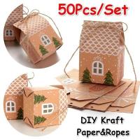 50pcs Party Supplies Holder Xmas Decor House Shape Cookies Pouch Christmas Candy Box Kraft Paper Gift Bags